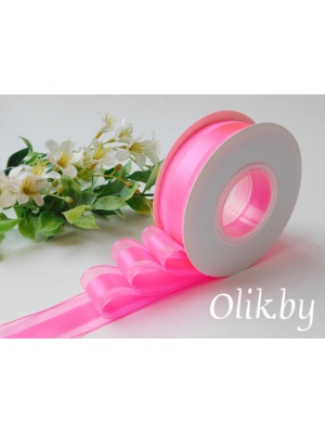 Лента органза с атласом 2,5 см, ярко-розовый