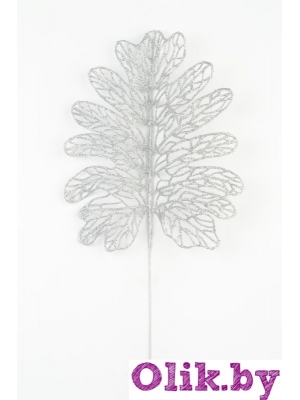 Ветка лист монстеры резной мерцающий 35 см (серебряный)