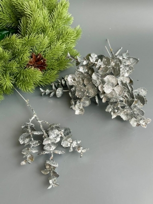 Ветка эвкалипт мерцающая, 23,5 см, серебро