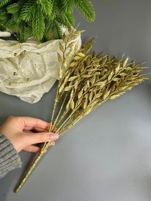 Ветка в букете бамбук 7 веток мерцающая, 40 см, золотой