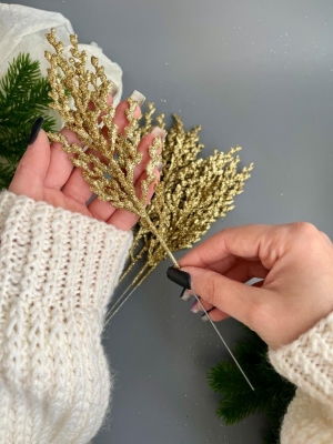 Ветка водоросль малая мерцающая, 33 см, (золотой)