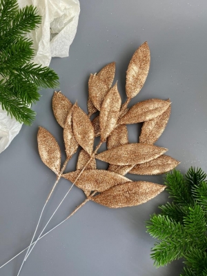 Ветка лист лавр 6-ой мерцающий, 38 см, (золотой), 5 шт