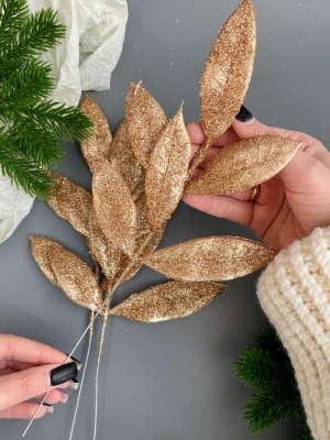 Ветка лист лавр 6-ой мерцающий, 38 см, (золотой)