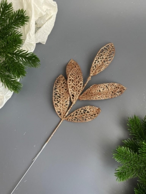 Ветка лист лавр 6-ой мерцающий, 37 см, (бронзовый)