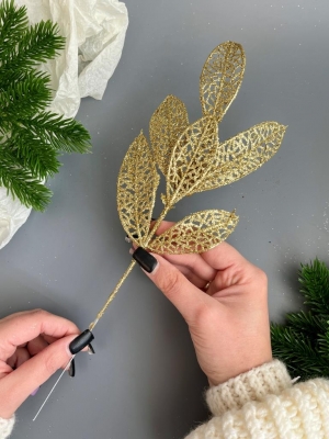 Ветка лист лавр 6-ой мерцающий, 37 см, (золотой)