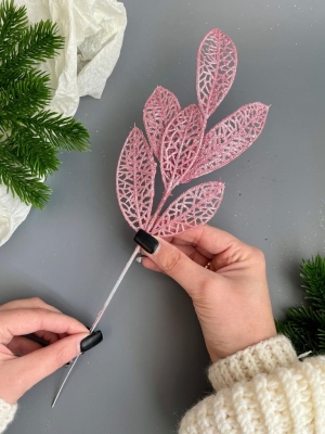 Ветка лист лавр 6-ой мерцающий, 37 см, (розовый)