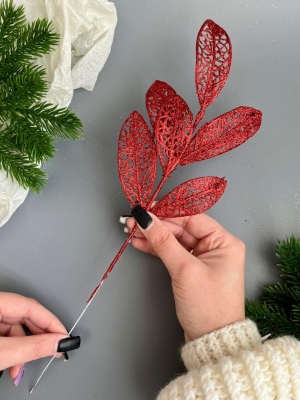 Ветка лист лавр 6-ой мерцающий, 37 см, (красный)