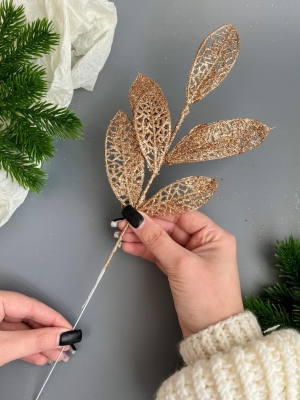 Ветка лист лавр 6-ой мерцающий, 37 см, (бронзовый)