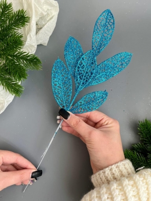 Ветка лист лавр 6-ой мерцающий, 37 см, (голубой)