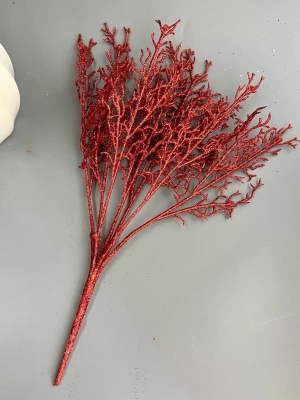 Ветка в букете водоросль 7 веток мерцающая, 38 см, красный