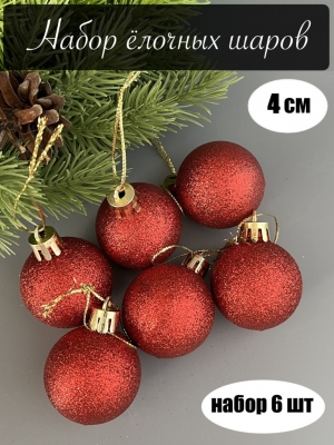 Набор елочных шаров 4 см мерцающий (уп.6шт) красный