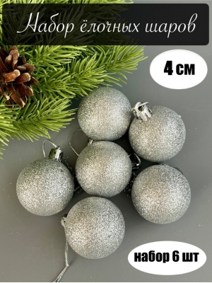Набор елочных шаров 4 см мерцающий (уп.6шт) серебро