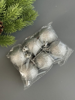 Набор елочных шаров 4 см мерцающий (уп.6шт) серебро