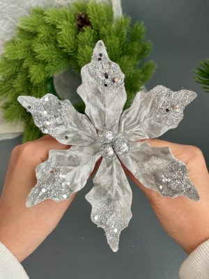 Голова пуансеттии с ножкой (d-16 cm) для ветки, венка серебряный, 3 шт