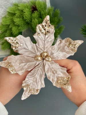 Голова пуансеттии с ножкой (d-16 cm) для ветки, венка золотой, 3 шт