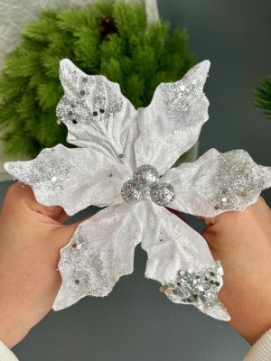 Голова пуансеттии с ножкой (d-16 cm) для ветки, венка белый, 3 шт