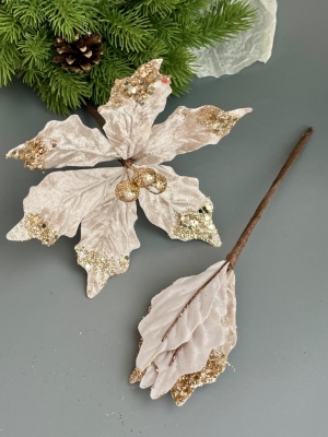 Голова пуансеттии с ножкой (d-16 cm) для ветки, венка золотой, 3 шт