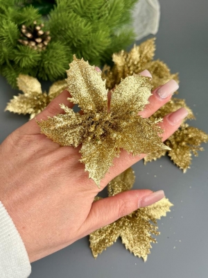 Голова пуансеттии мерцающая для ветки, венка (золотой), 9 см, 10 шт