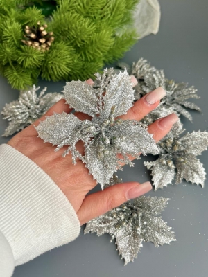 Голова пуансеттии мерцающая для ветки, венка (серебряный), 9 см, 10 шт