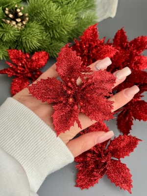 Голова пуансеттии мерцающая для ветки, венка (красный), 9 см, 10 шт