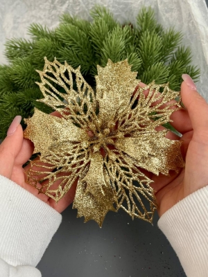 Голова пуансеттии мерцающая для ветки, венка золотой, 15 см, 5 шт