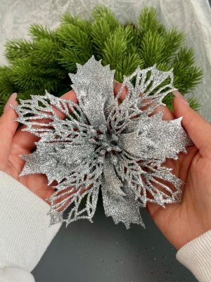 Голова пуансеттии мерцающая для ветки, венка серебряный, 15 см, 5 шт