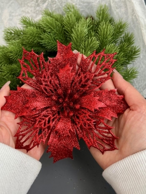 Голова пуансеттии мерцающая для ветки, венка красный, 15 см, 5 шт