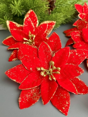 Голова пуансеттии для ветки, венка (красный), 11 см, 10 шт