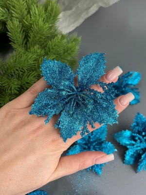 Голова пуансеттии мерцающая для ветки, венка (голубой), 9 см, 10 шт