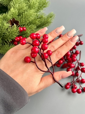 Ветка с ягодами 12 ягод 11 см, красный, 10 шт
