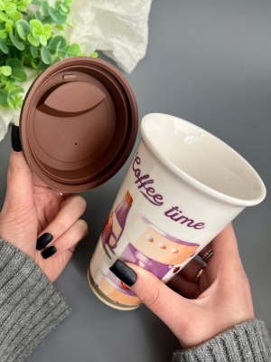 Стакан керамический с крышкой, 350 мл, подарочный набор, 1 шт