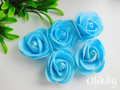 Головки цветов "Роза" с блестками 5,5 см, голубой, 1 шт