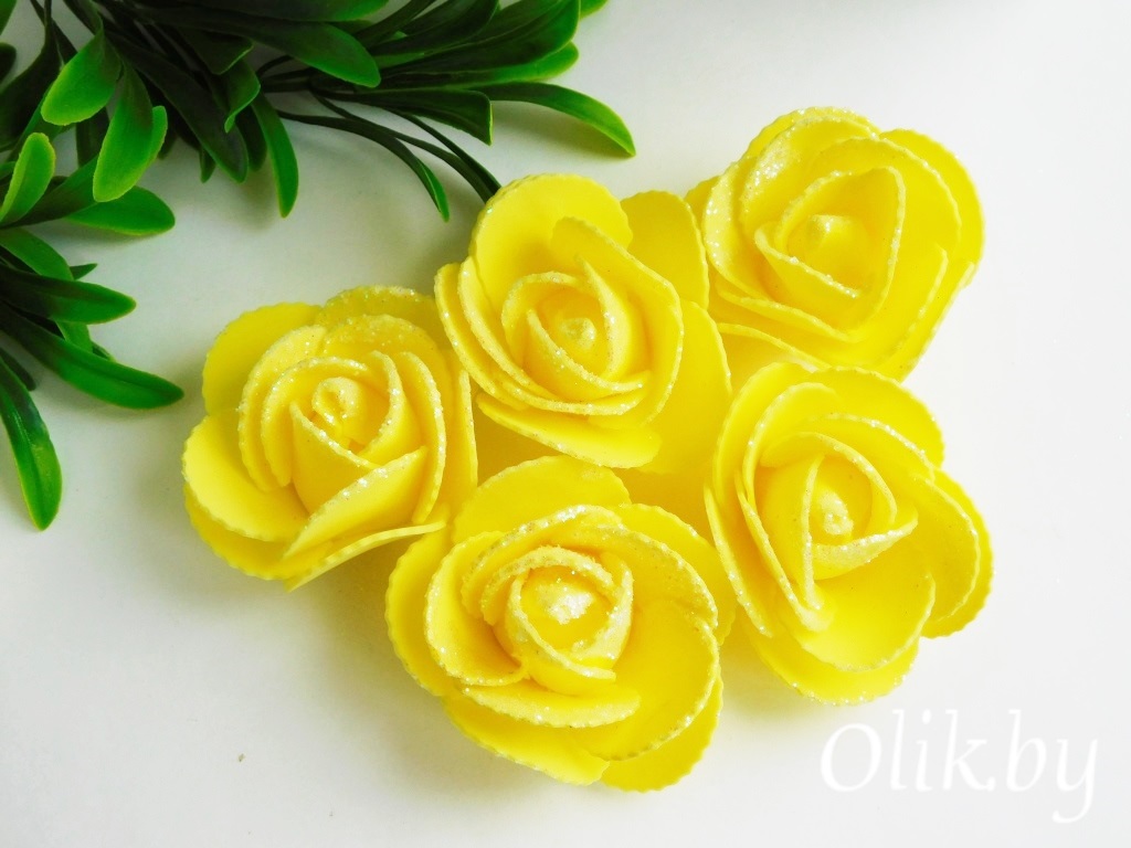 Головки цветов "Роза" с блестками 5,5 см, желтый, 1 шт