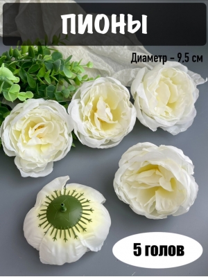 Головы пионов, d-9,5 см, белый, 5 шт