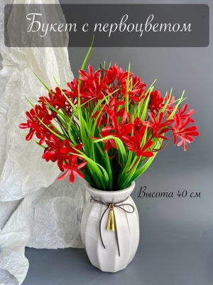 Букет зелени с первоцветом 5 веток (СЕН-МАЛО), 40 см, красный