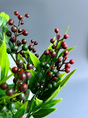 Ветка в букете зелени с ягодами 6 веток, 35 см, красный