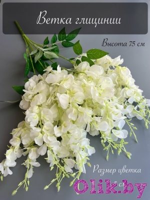 Ветка в букете глициния 5 веток 15 голов, 75 см, белый