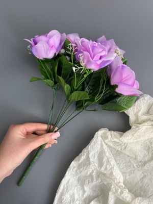 Букет бутон роз 7 голов, 34 см, нежно-фиолетовый