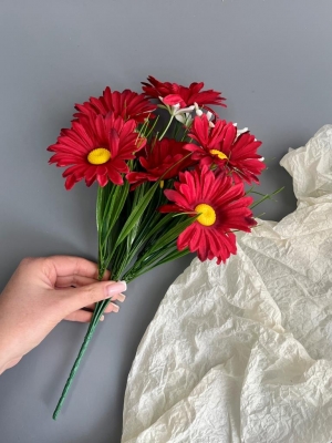 Ромашки в букете 6 голов с мелкоцветом, 34 см, красный