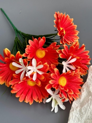 Ромашки в букете 6 голов с мелкоцветом, 34 см, оранжевый/красный