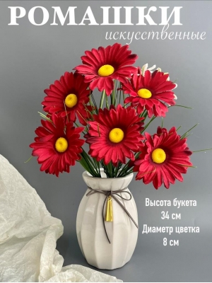 Ромашки в букете 6 голов с мелкоцветом, 34 см, красный