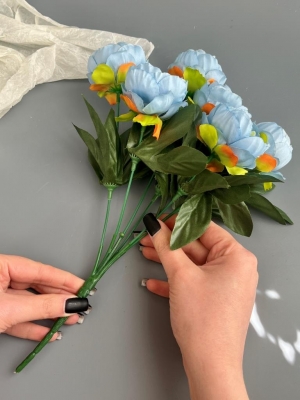 Ветка в букете пион 6 голов, 30 см, голубой