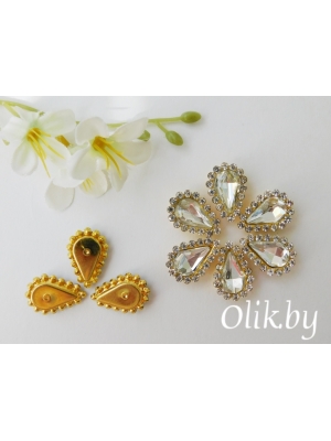 Стразы пришивные в золотой оправе 12*18 мм "Капля", серебро, 1шт