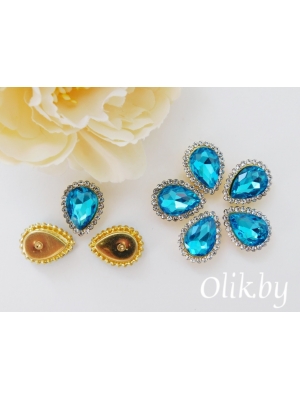 Стразы пришивные в золотой оправе 14*18 мм "Капля", голубой, 1шт