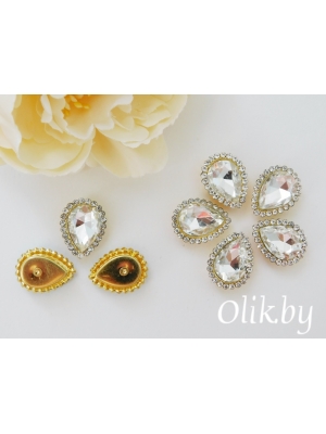 Стразы пришивные в золотой оправе 14*18 мм "Капля", серебро, 1шт