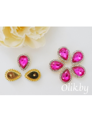 Стразы пришивные в золотой оправе 14*18 мм "Капля", фукси, 1шт