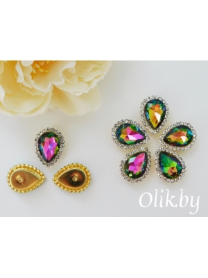 Стразы пришивные в золотой оправе 14*18 мм "Капля", хамелеон, 1шт