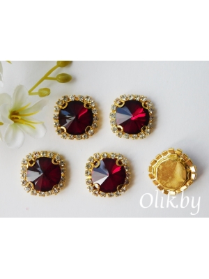 Стразы пришивные в золотой оправе 18 мм "Круг", темно-красный, 1шт