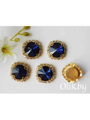 Стразы пришивные в золотой оправе 18 мм "Круг", темно-синий, 1шт