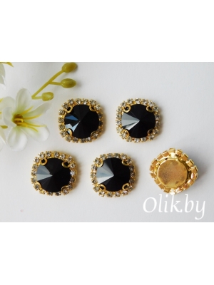 Стразы пришивные в золотой оправе 18 мм "Круг", черный, 1шт
